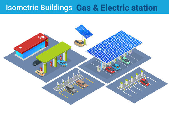 Isometric Electric Car Charging And Gas Station Flat Vector Collection