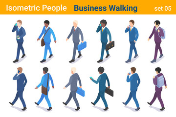 Isometric Business People flat vector collection. Businessman walking with briefcase bag and talking or looking on Mobile phone back and front poses - 314945016