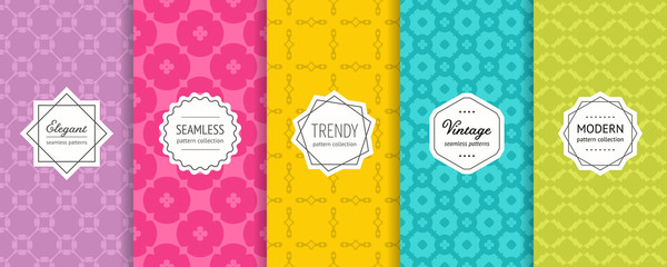 Materiał do szycia Vector geometric seamless patterns. Set of bright colorful background swatches with modern minimalist labels. Cute abstract textures collection, floral motif. Purple, pink, yellow, blue, green color