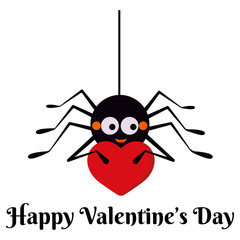 Cute black spider hanging on string of cobwebs with red heart isolated on white background.