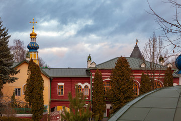 Ancient buildings on the territory of the Pechersky monastery in the Pskov region of Russia