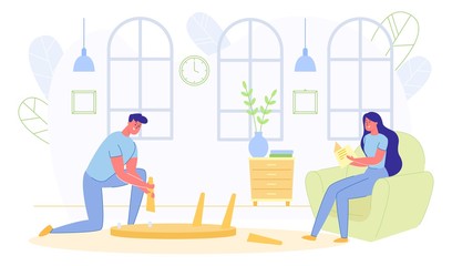 Man Fixing Broken Table and Woman Reading Book.
