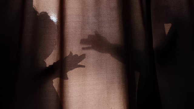 Silhouette of unrecognizable mother and child of primary school age telling stories using shadow presents talking dog's heads when sitting behind the curtains at home and spending time together