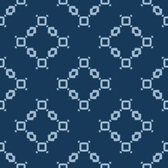 Simple minimalist geometric texture. Vector seamless pattern with small shapes, squares, rhombuses, flower silhouettes. Abstract background in dark blue color. Vintage style. Elegant repeated design