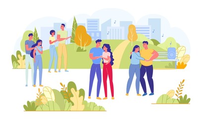 Men and Women Cuples Dancing in City Park Flat.