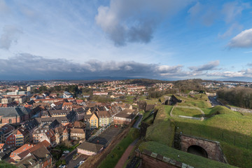 Aerial view of Belfort Castle and the cityscapes in a sunny day