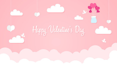 Happy Valentine's Day design concept, romantic composition in paper style, vector illustration on a pink background