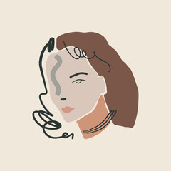 Modern Boho Pastel Terracotta Collage Line Drawing Woman Face Hairstyle Fashion Beauty Minimalist Vector Illustration Modern Abstract Graphics Print