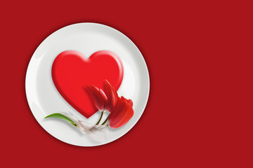 red heart and tulips in a plate on red background. Valentine's day design.