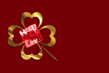 Gold four leaf lucky clover leaf on red background. Valentine's day design.