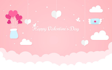Happy Valentine's Day design concept, romantic composition in paper style, vector illustration on a pink background