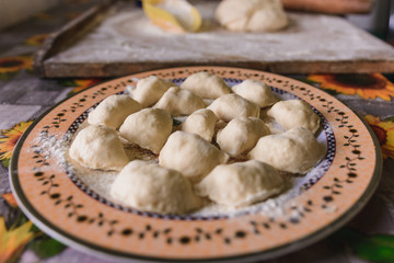 Raw dumplings are laid on a prepared plate for further preparation.
