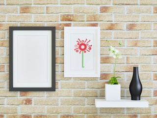 Flower in a pot and black vase on the shelf; digital flower in a frame with mock up black picture frame against brown brick wall 3d rendering, 3d illustration