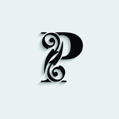 letter  P with shadow. Black alphabet.  Beautiful flower  capital letters
