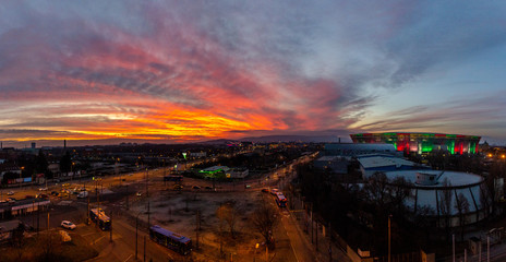 Panorama of budapest stadium at sunset - obrazy, fototapety, plakaty