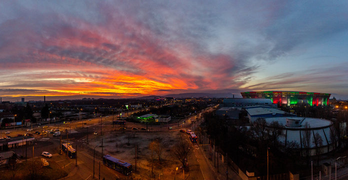 Panorama of budapest stadium at sunset