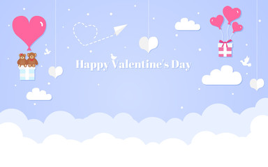 Happy Valentine's Day design concept, romantic composition in paper style, vector illustration on a blue background