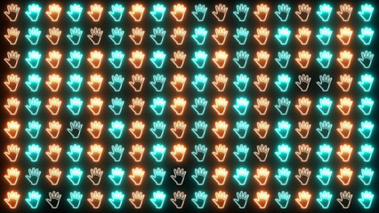 Neon, glowing light hand gestures background. Fingers and human hand, glow design.