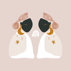 Modern Boho Pastel Terracotta Collage Line Drawing African Black Women Couple Twin Faces Hairstyle Fashion Beauty Minimalist Vector Illustration Modern Abstract Graphics Print
