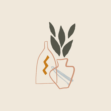 abstract vases with leaves, minimalist style clip art preview