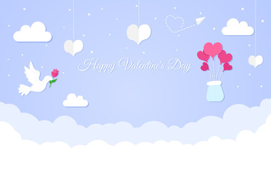 Happy Valentine's Day design concept, romantic composition in paper style, vector illustration on a blue background