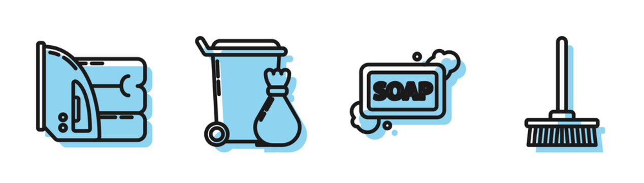 Set line Bar of soap with foam , Electric iron and towel , Trash can and Mop icon. Vector