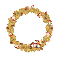 Autumn wreath with watercolor mushrooms of different sizes, twigs and autumn leaves for the design of postcards, textiles, fabrics, printing and any design