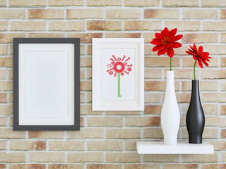 Red gerbera daisies in black and white vases; digital flower in a frame with mock up black picture frame against brown brick wall 3d rendering, 3d illustration