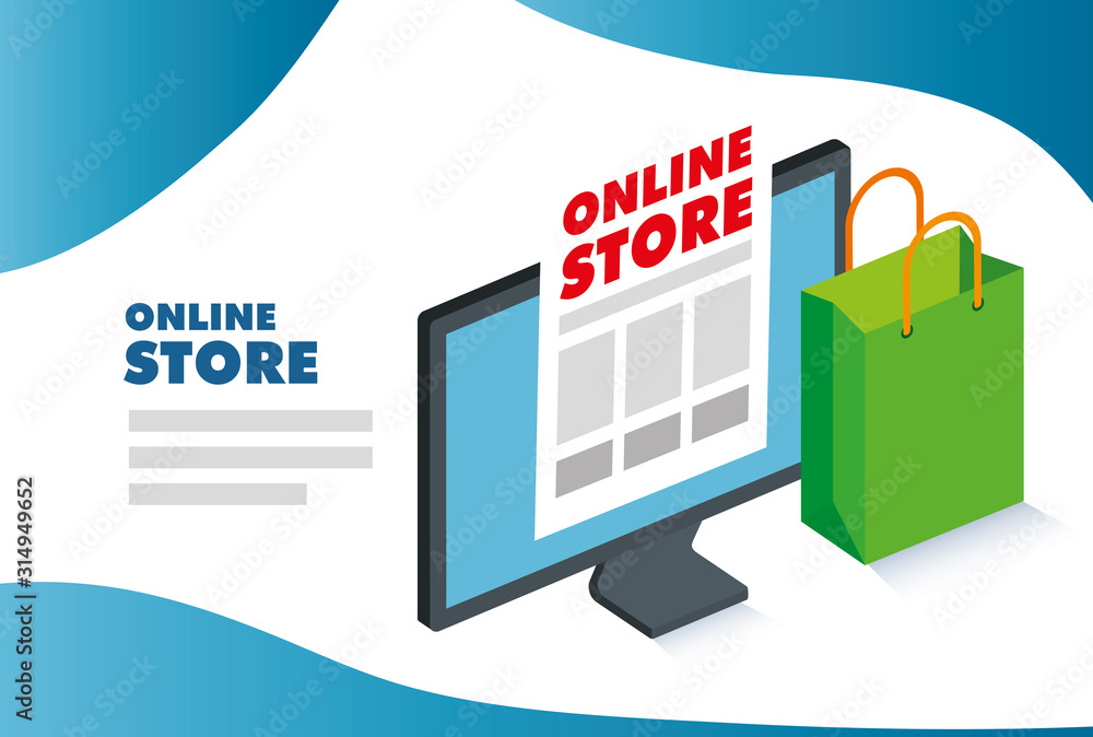 Poster online store with computer and icons