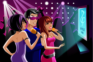 illustration of disco karaoke in night club, girls and boy sing a song