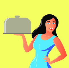 Vector illustration of an attractive female waitress with a plate covered in a tray