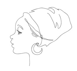 African young woman face silhouette in national headdress portrait. Continuous line drawing style. Logo outline vector illustration of pretty girl. Black and white hand drawn line art.