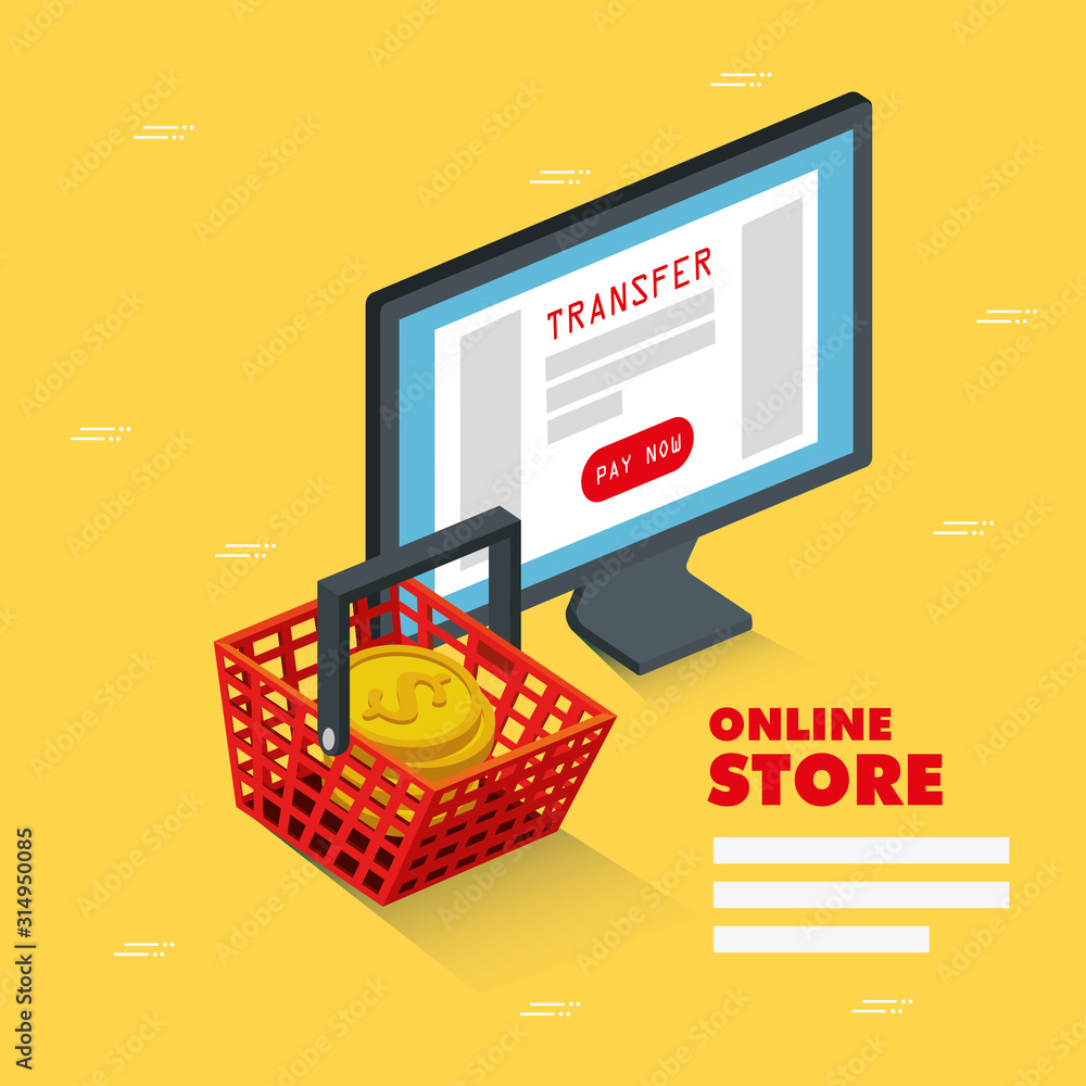 Poster online store with computer and icons