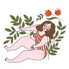 Illustration of happy girl sitting in flowers