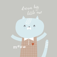 Baby design. Cute cat said meow. Perfect for t-shirt, apparel, cards, poster, nursery decoration. Cute vector illustration.