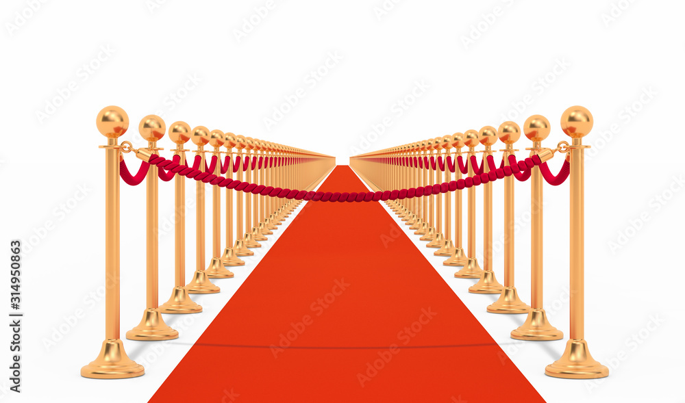 Poster empty red carpet with barrier rope on enter, 3d rendering