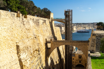View of the former moat and walls in Valletta, Malta.