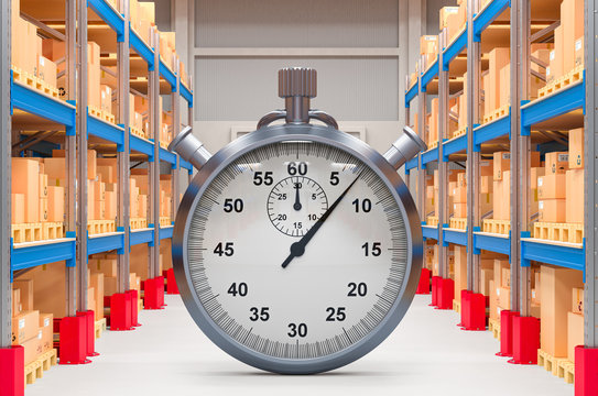 Fast delivery concept. Stopwatch in warehouse. 3D rendering