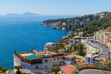 Panoramic view of the Bay of Naples with Capri island in the background, Italy