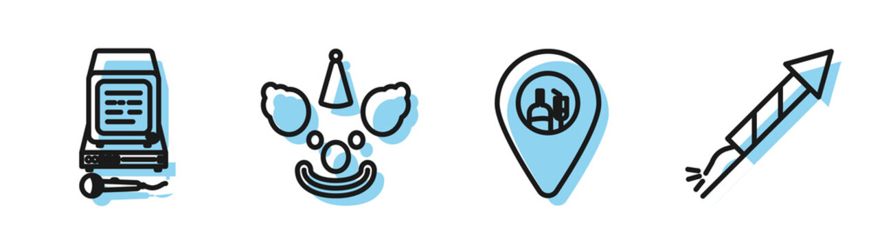 Set line Alcohol or beer bar location , Karaoke , Clown head and Firework rocket icon. Vector