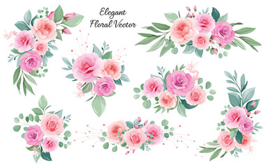 Flowers vector collection. Floral art decoration of peach and blush roses, leaves, branches. Romantic botanic illustration elements for wedding, greeting, and valentine card design.