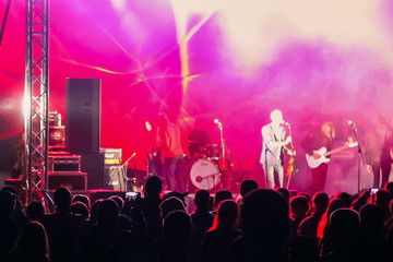 A crowd of people watching a musical group performing on stage