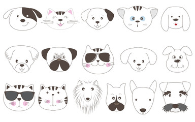 Fototapeta premium Cute face cats and dogs cartoon in flat style.