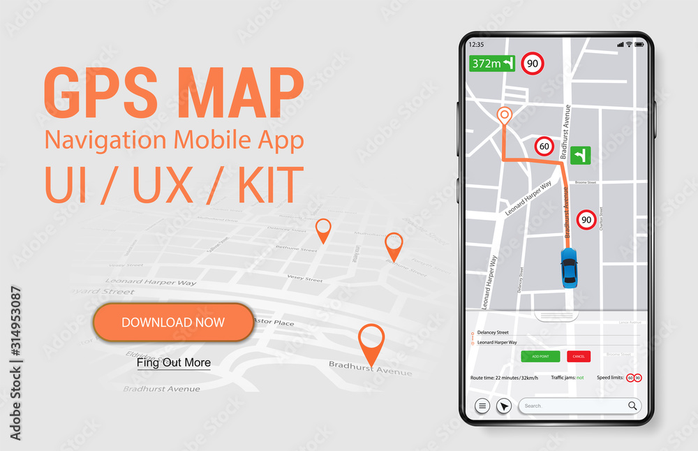 Poster Map GPS Navigation Smartphone App Screen. UI, UX, KIT Mobile Application. Thoughtful and simple application shows roads, speed limit, time. Application search map navigation. Vector Navigation App