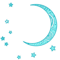 Colorful crescent moon on white. Ornate moon and stars with abstract patterns on isolation background