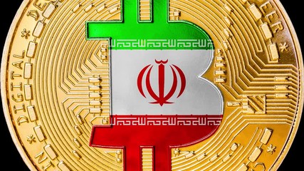 Golden bitcoin with Iranian flag. Concept of tensions between USA and Iraniang government, using bitcoin cryptocurency to avoid American sanctions towards Iran regime. Political conflict. Zoom out 