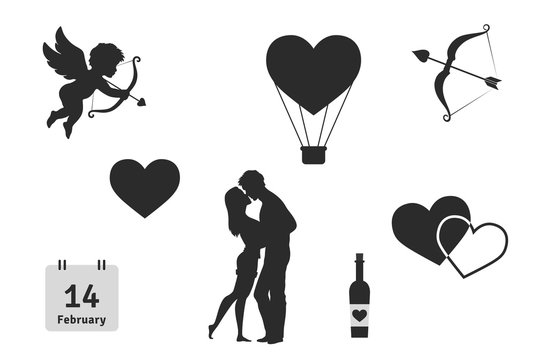 Happy Valentine's Day set of icons stencil black silhouette. Cute romance  love collection of design elements with cupid, heart, couple, pigeons,  diamond, butterfly, flowers. Vector illustration Stock Vector Image & Art 