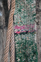 Ein antiker Sicherungsgurt, Kletterhilfe in Al Hamra im Oman zum Besteigen von Palmen oder Bäumen.    