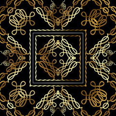 Vintage gold calligraphic 3d vector seamless pattern. Black ornamental royal background. Repeat luxury backdrop. Arabesque style floral ornament. Calligraphy swirl intricate lines, frames, squares