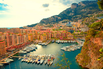 Monaco. Beautiful panoramic view. Apartment building and port with luxuary yachts and boats. 
